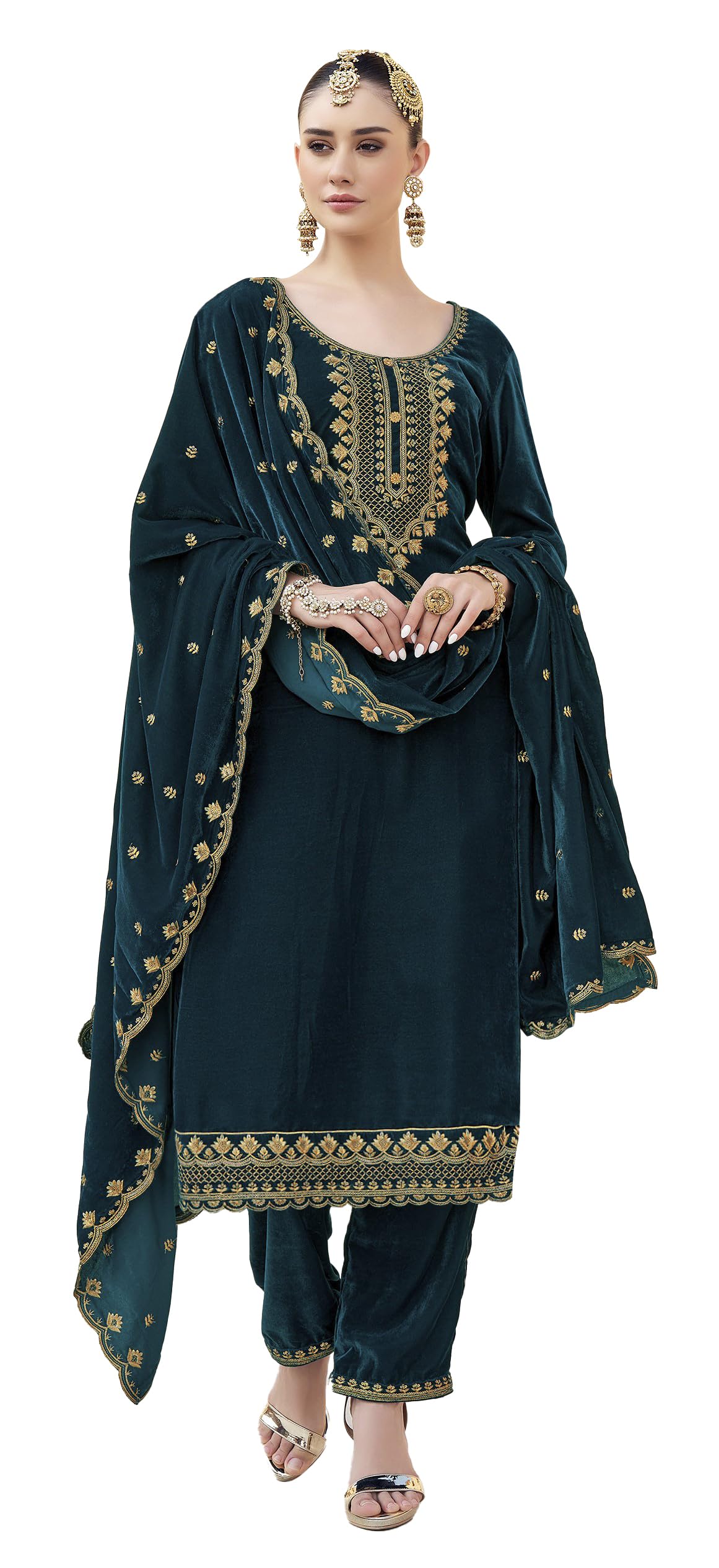DRAVINAM Trends Women's Unstitched Premium Velvet Embroidered Salwar Suit Dress Material With Dupatta and Unstitch Bottoms