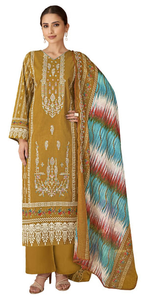 DRAVINAM Trends Unstitched Cotton Suit Dress Material Set: Pakistani Print Top Fabric with Embroidery | Customizable Solid Bottoms | Cotton Fancy Dupatta