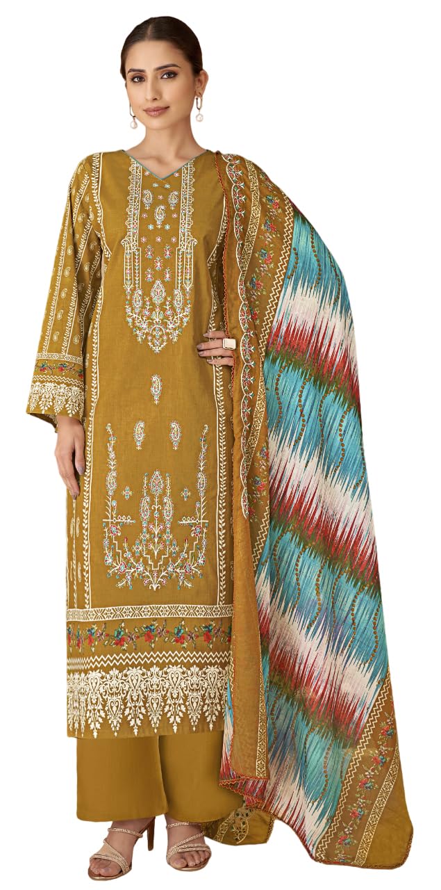 DRAVINAM Trends Unstitched Cotton Suit Dress Material Set: Pakistani Print Top Fabric with Embroidery | Customizable Solid Bottoms | Cotton Fancy Dupatta