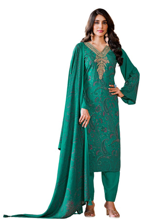 DRAVINAM Trends Women's Winter Wear Unstitched Digital Kashmiri Paisley Printed Heavy Neck Embroidered Pashmina Salwar Suit Dress Material with Khatli Work Foil touchup and Pashmina Shawl