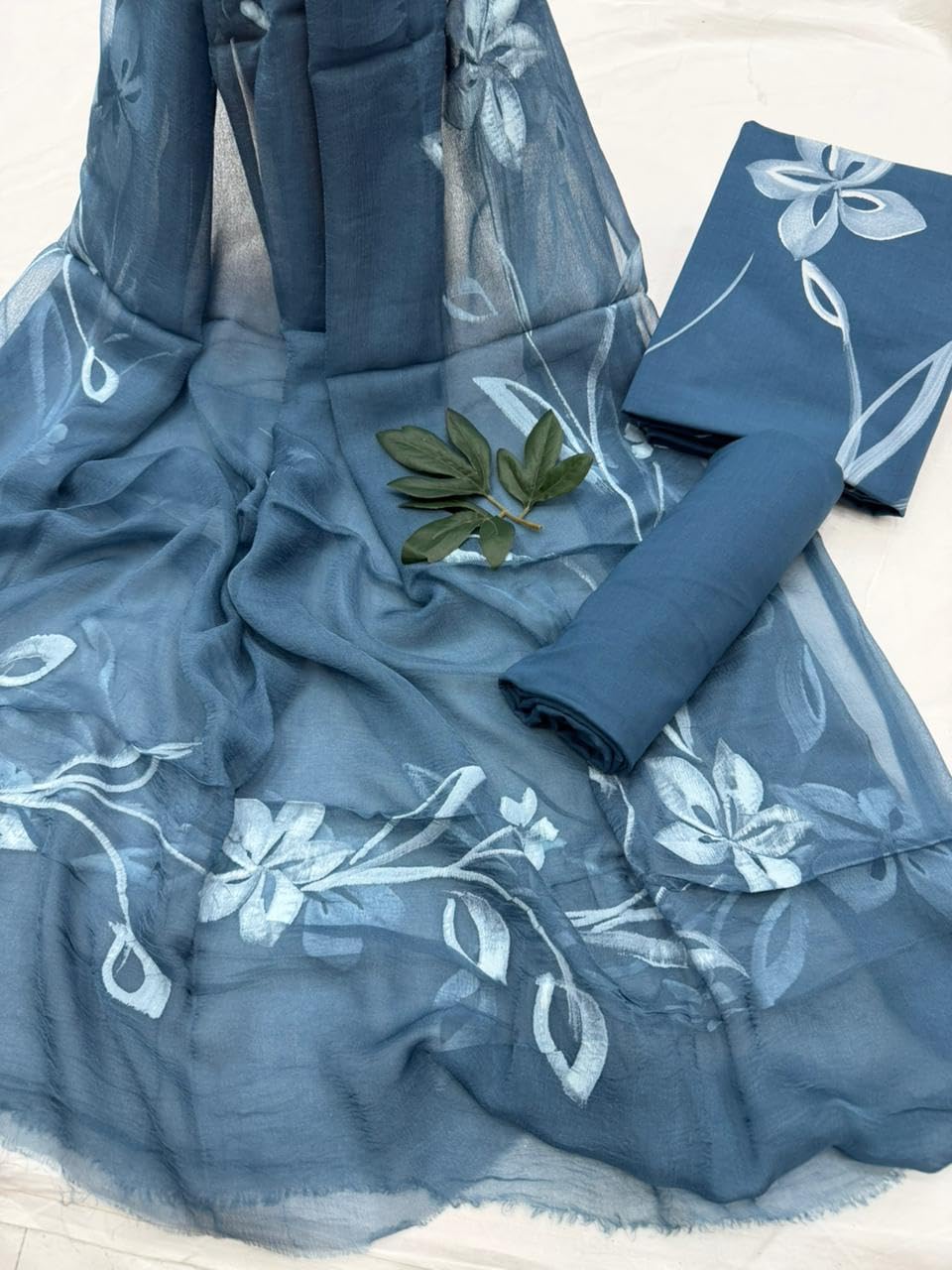DRAVINAM Trends Women's Floral Hand Painted Unstitched Salwar Suit Dress Material with Pure Chiffon Dupatta (Blue & White)