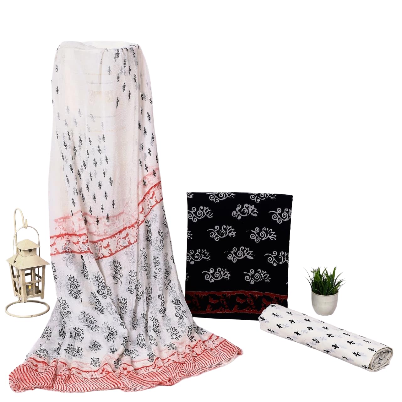 DRAVINAM Trends Hand Block Print Cambric Cotton Unstitched Salwar Suit Set for Women with Pure Chiffon Hand Printed Dupatta