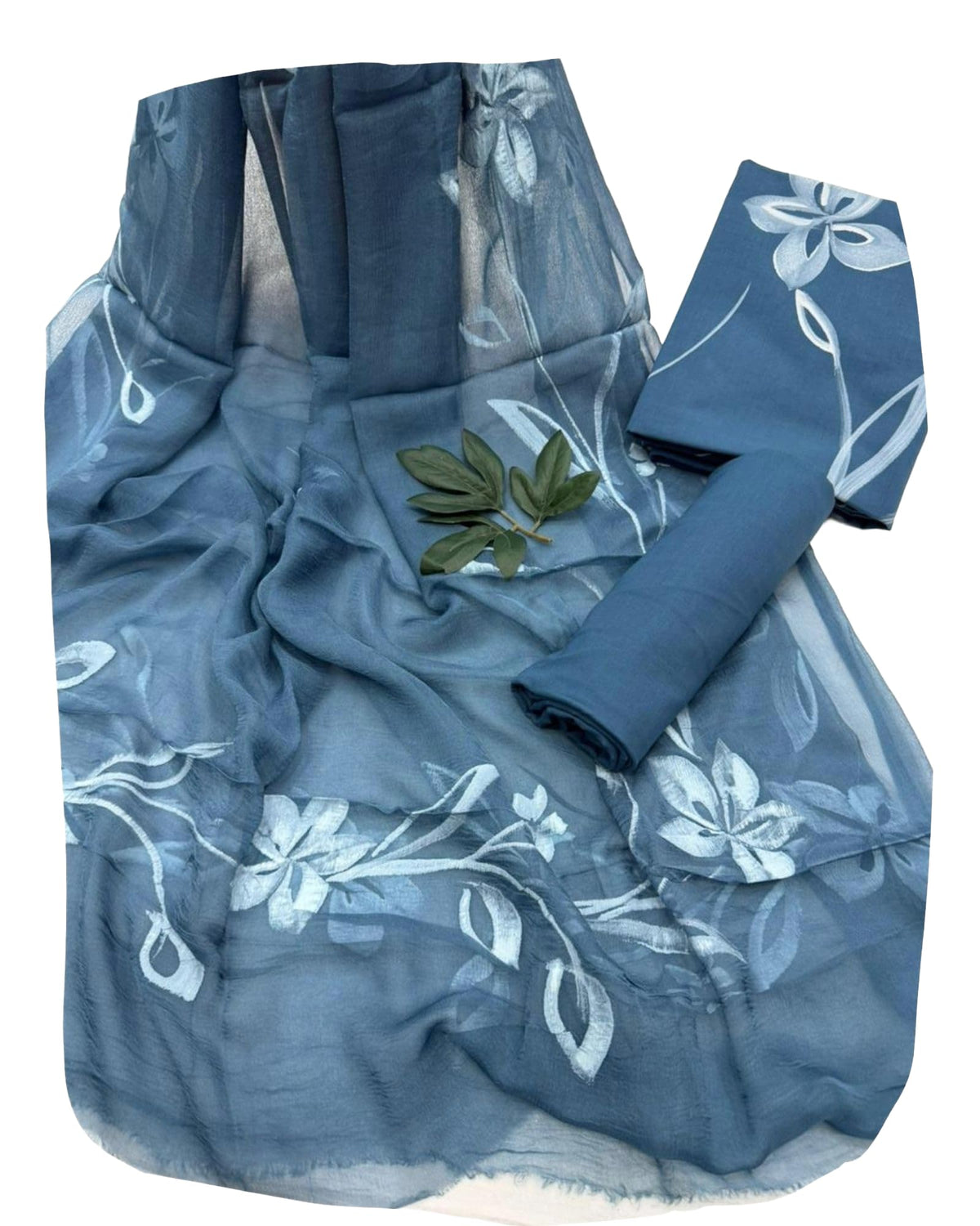 DRAVINAM Trends Women's Floral Hand Painted Unstitched Salwar Suit Dress Material with Pure Chiffon Dupatta (Blue & White)