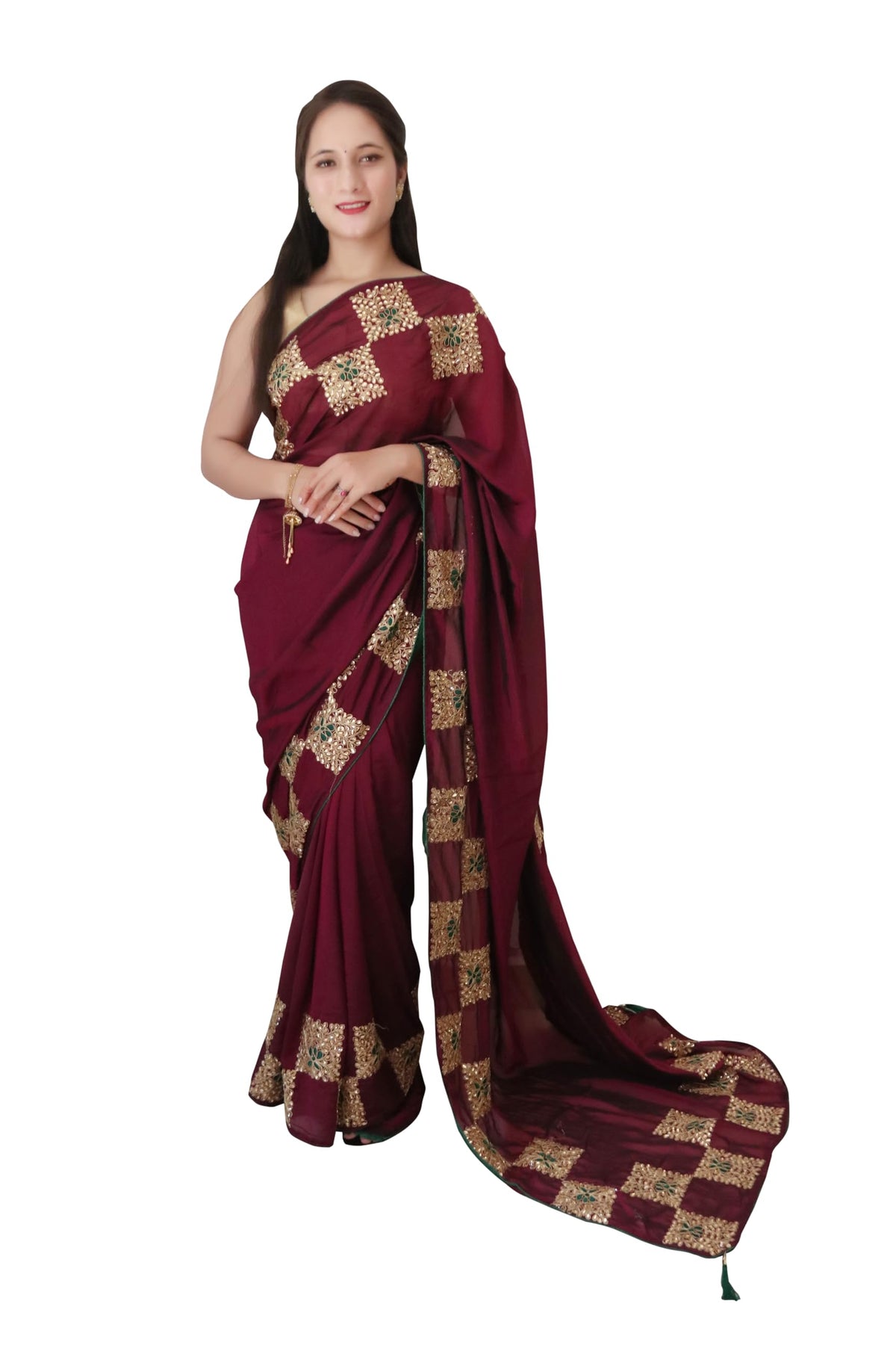 DRAVINAM Trends Women's Stone Work Vichitra Silk Saree with Unstitched Blouse Piece