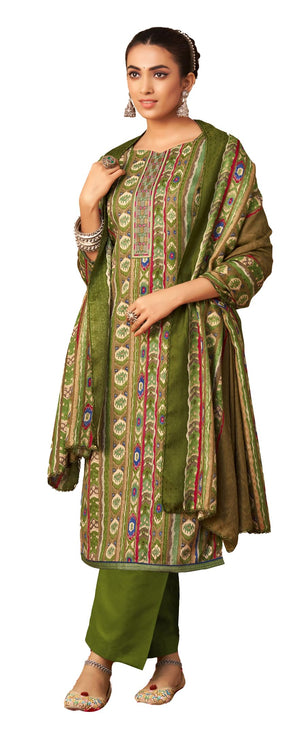 DRAVINAM Trends Women's Unstitched Lace Patti work Dobby Print Pashmina Salwar Suit Dress Material with wool Printed Shawl Dupatta (Free Size_Green)