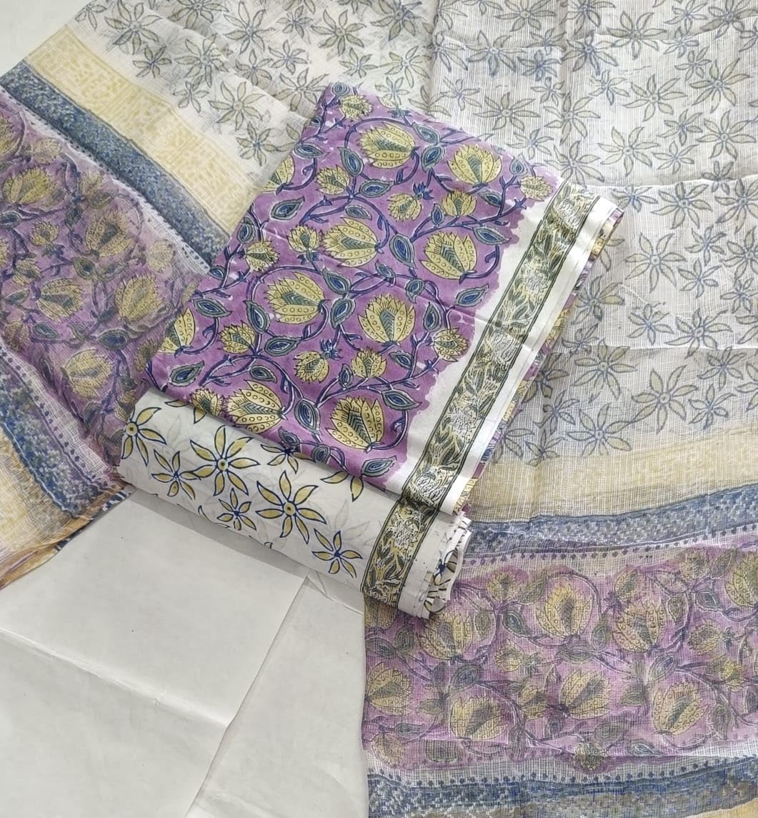 DRAVINAM Trends Sanganeri Hand Block Print Pure Cambric Unstitched Cotton Suit Dress Material with Kota Doriya Hand Printed Dupatta