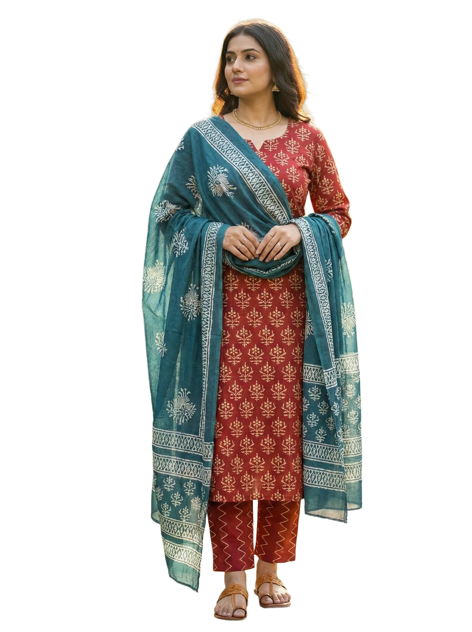 Hand Block Print Jaipuri Cambric Unstitched Cotton Suit Dress Material for Women with Mulmul Cotton Hand Printed Dupatta