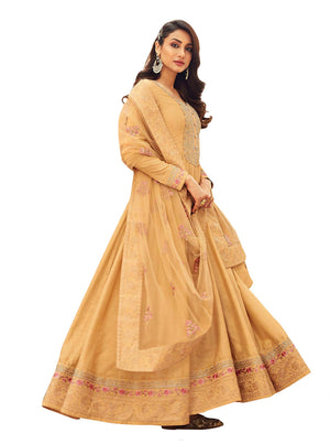 DRAVINAM Trends Women's Heavy Dola silk Embroidered and Hand Work Floor length Unstitched Gown Suit Material with Heavy Net Embroidered and Hand work Dupatta (Free size_Sea Green)