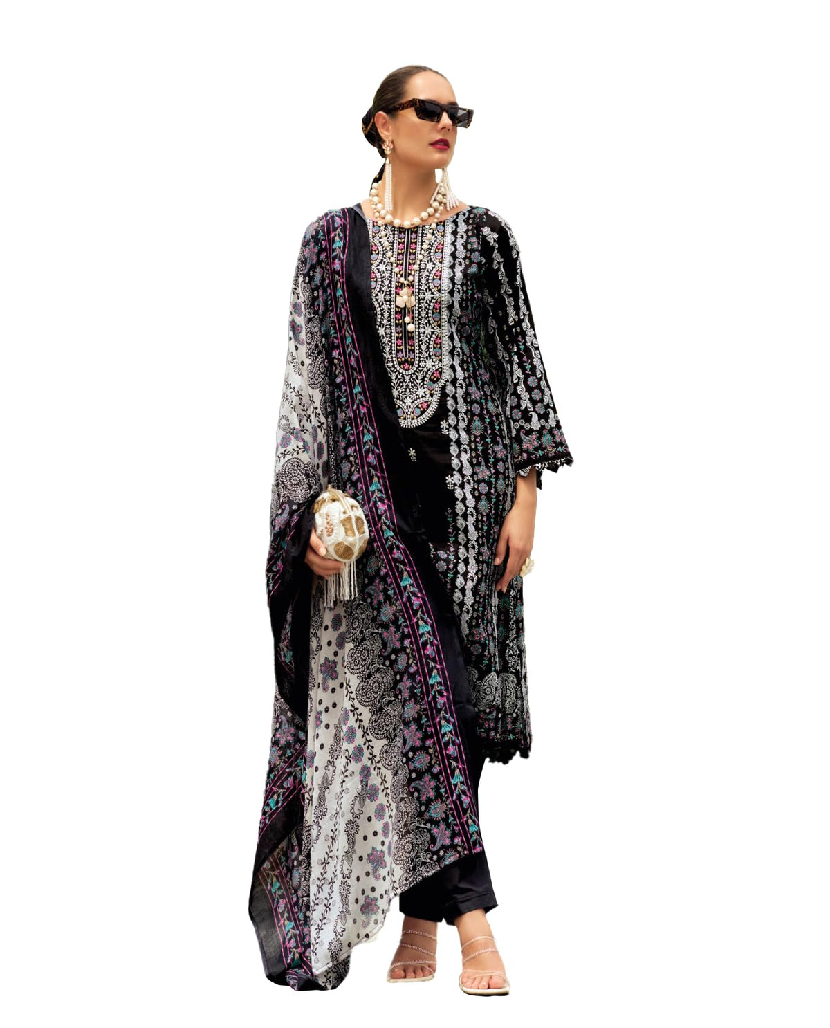 DRAVINAM Trends Kurti 2.50 mtrs, Pure Cotton (3 mtrs apx), Pure MAL MAL Cotton Dupatta Digital Print|Black 1