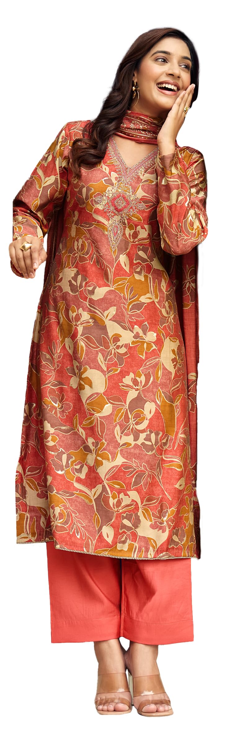 DRAVINAM Trends Women's Unstitched Salwar Suit Dress Material Modal Silk Discharge Foil Print Cording Embroidered Kameez Plain Unstitched Bottoms and Modal Silk Discharge Foil Print Dupatta