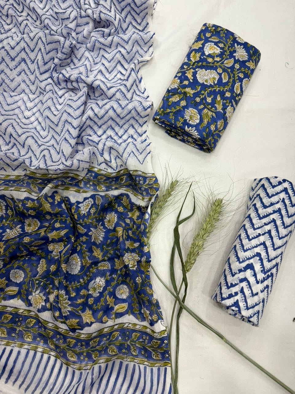 DRAVINAM Trends Hand Block Dabu Print Indigo Cambric Unstitched Cotton Suit Dress Material for Women with Mulmul Cotton Hand Printed Dupatta