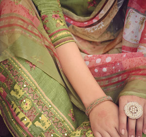 DRAVINAM Trends Unstitched Printed Mirror Work Cotton Salwar Suits Dress Material with Chiffon Dupatta (Green)