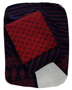 DRAVINAM Trends Women's Premium Cotton Unstitched Salwar Suit Dress Material Set | Traditional Rajasthani Gujari Block Print (Red & Mustard Yellow)