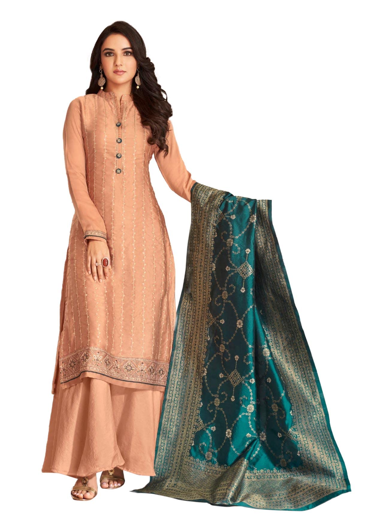 DRAVINAM Trends Women's Heavy Modal Satin Silk Style Pakistani Embroidered Salwar Suit Dress Material with Double Zari Jacquard Silk Banarasi Dupatta (Bawa)