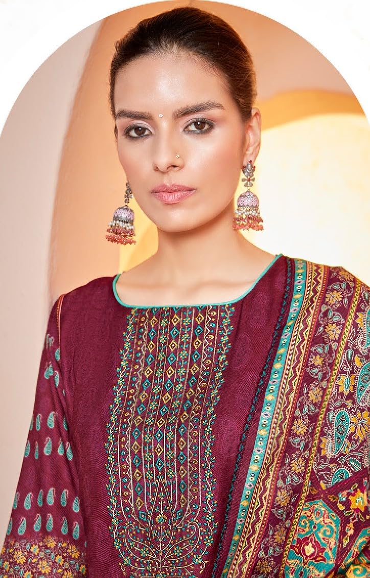 DRAVINAM Trends Women's Swaroski Work Unstitched Digital Printed Embroidered Winter Woollen Pashmina Salwar Suit Dress Material with Woolen Shawl Dupatta
