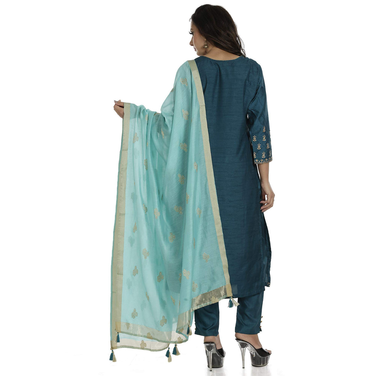 DRAVINAM Trends Women's Full Stitched Silk Zari Embroidered Pant Style Salwar Suit with Jacquard Dupatta (Greenish Blue and Light Green)