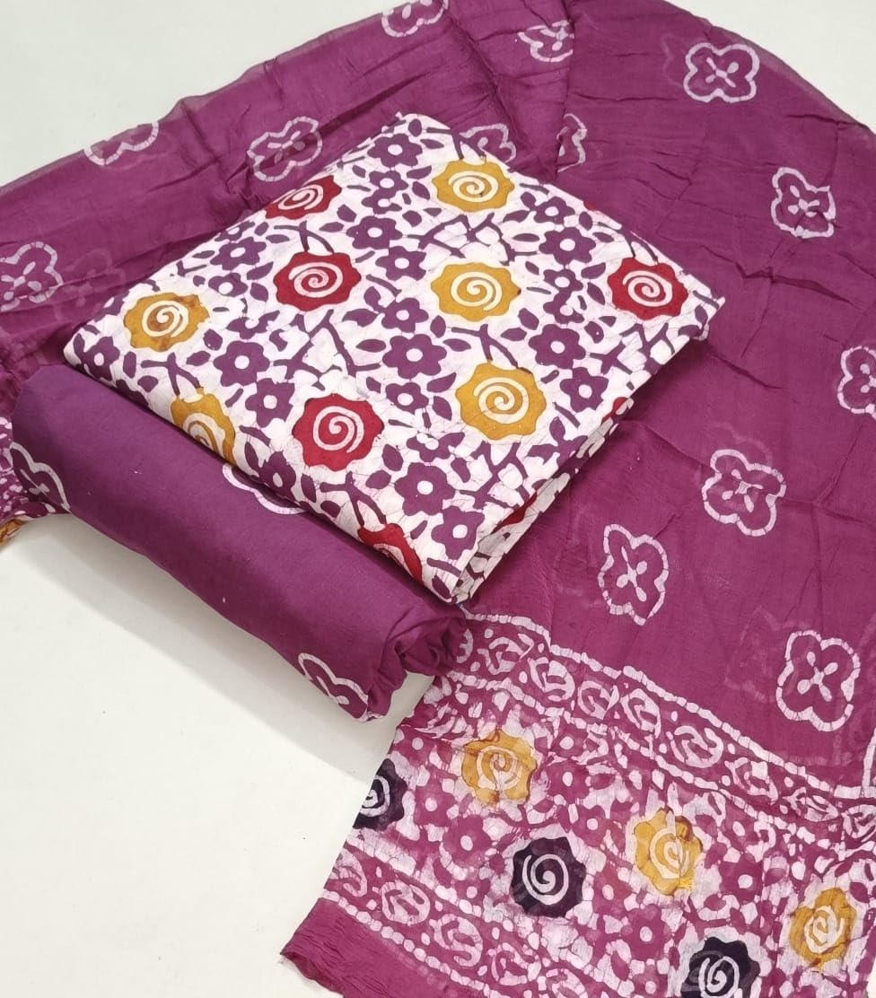 DRAVINAM Trends Unstitched Jaipuri Handmade Wax Batik Print Premium Cotton Dress Material with Pure Chiffon Dupatta