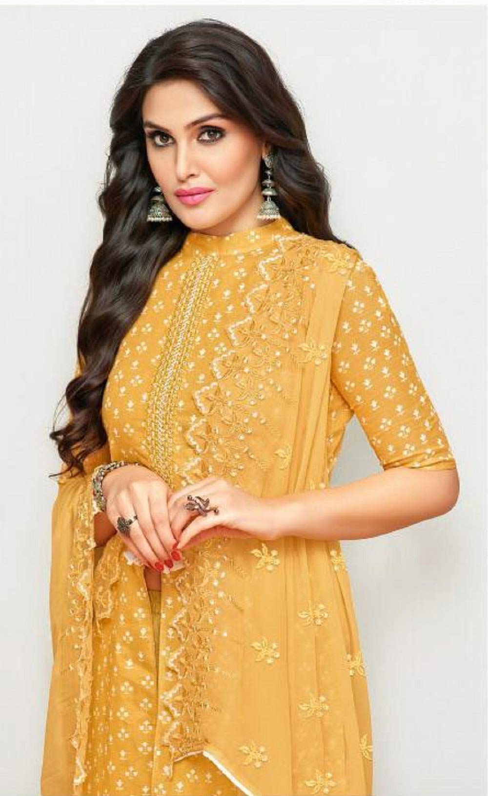 DRAVINAM Trends Women's Unstitched Cotton Printed Salwar Suit Dress Material with embroidered Nazmeen Dupatta (Free size_Light Orange)