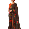 DRAVINAM Trends Women's Pure Georgette Floral Print saree with Lace Borders and Solid Blouse Piece (Dark Brown)