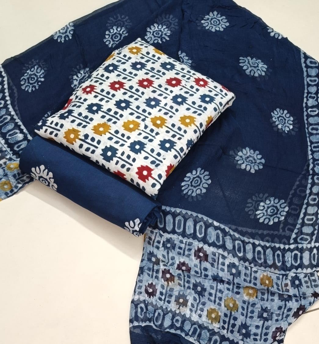 DRAVINAM Trends Unstitched Jaipuri Handmade Wax Batik Print Premium Cotton Dress Material with Pure Chiffon Dupatta