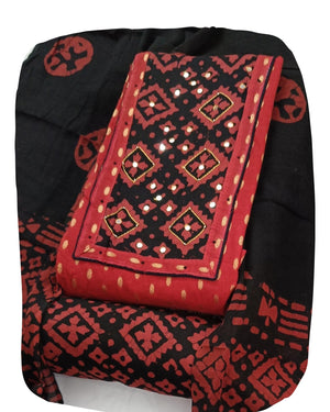 DRAVINAM Trends Women's Unstitched Cambric Cotton Dress Material Salwar Suit Set with Dupatta | Geometric Batik Print & Embellished Neckline (Multicolor)
