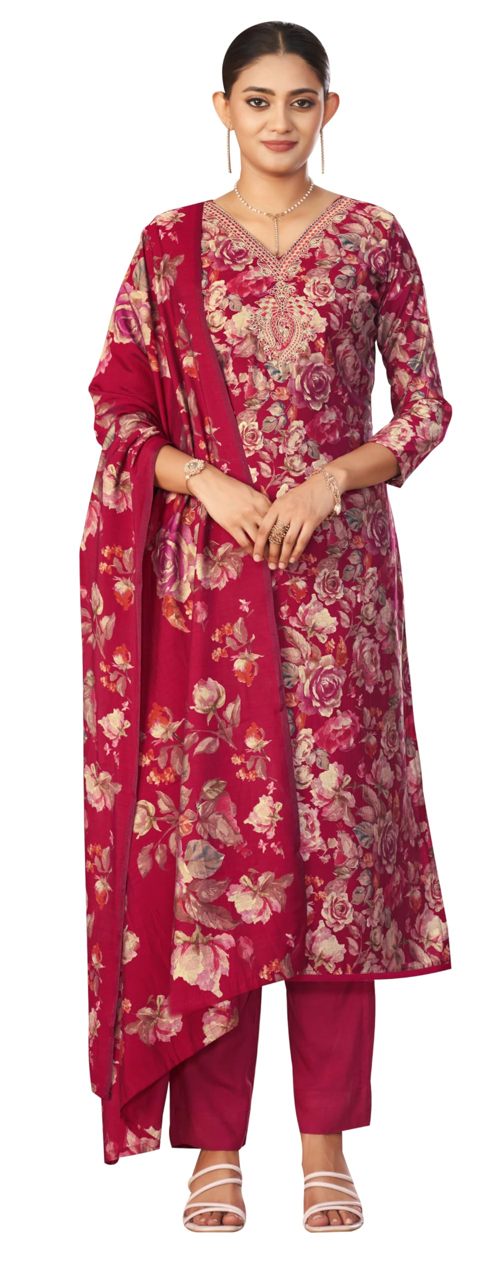 DRAVINAM Trends Women's Unstitched Maslin Salwar Suit Dress Material - Pure Viscose Modal Maslin Embroidered Kameez II Unstitch Bottoms II Viscose Modal Maslin Digital Prints Dupatta