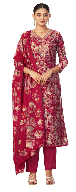 DRAVINAM Trends Women's Unstitched Maslin Salwar Suit Dress Material - Pure Viscose Modal Maslin Embroidered Kameez II Unstitch Bottoms II Viscose Modal Maslin Digital Prints Dupatta
