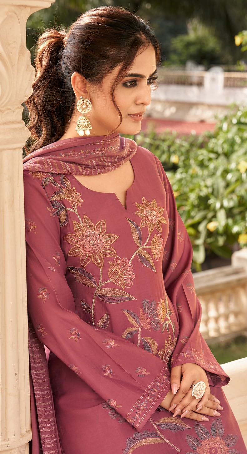 DRAVINAM Trends Women's Unstitched Salwar Suit Dress Material Pure Viscose Maslin Digital Print Embroidered Kameez Plain Unstitched Bottoms and Maslin Digital print Dupatta