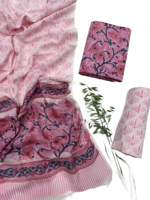 Hand Block Print Sanganeri Cambric Unstitched Cotton Suit Dress Material for Women with Mulmul Cotton Hand Printed Dupatta
