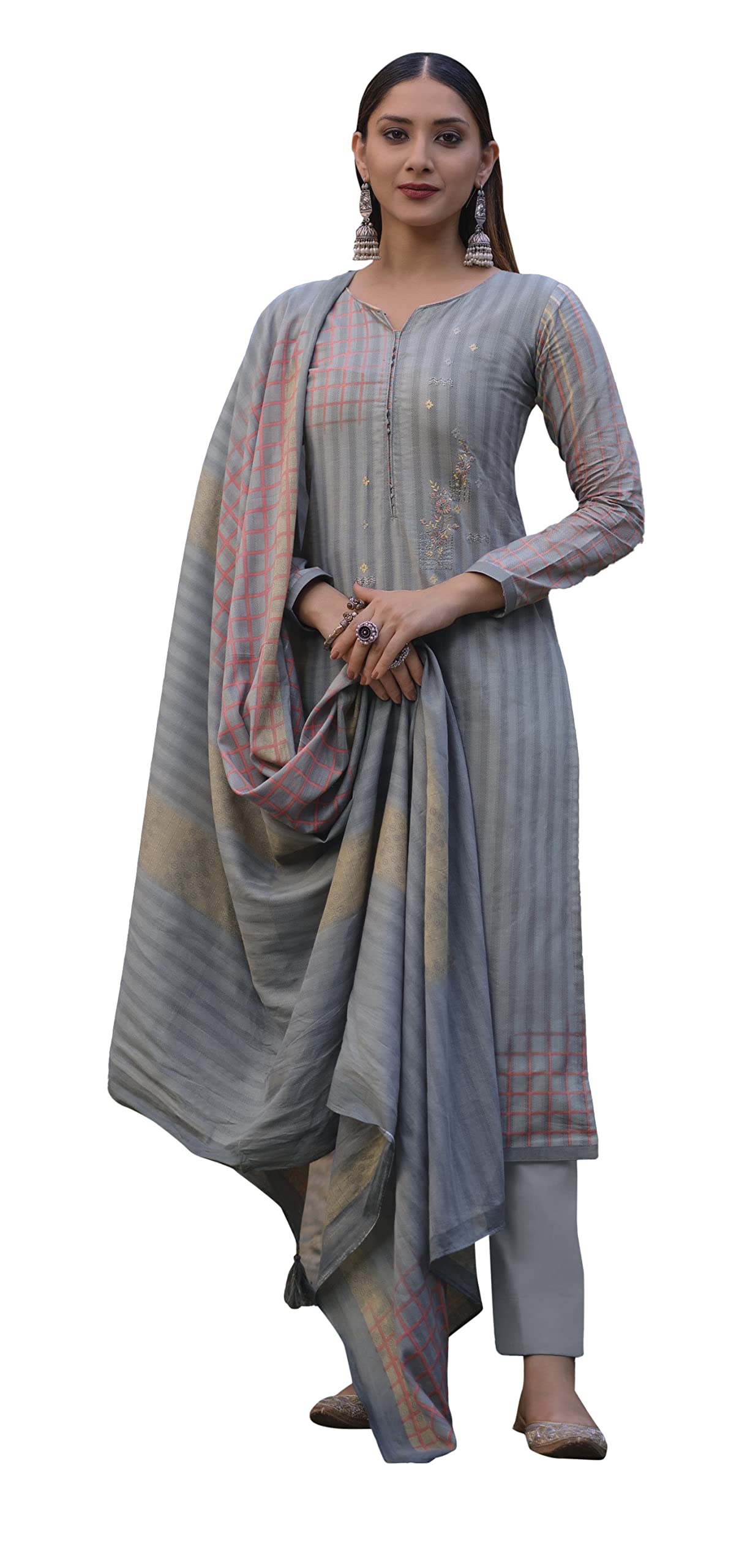 DRAVINAM Trends Women's Unstitched Embroidered Pure Cambric Cotton Plazzo Suit Dress Material with Digital Printed Mal Mal Cotton Dupatta for Office Wear/ College Wear (Grey)