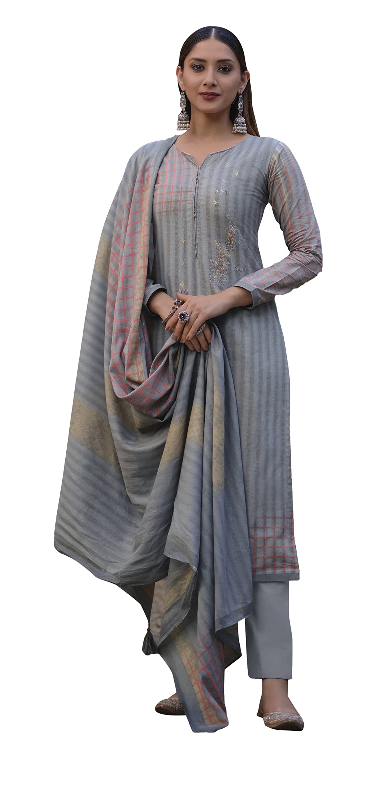 DRAVINAM Trends Women's Unstitched Embroidered Pure Cambric Cotton Salwar Suit Dress Material with Digital Printed Pure Mal Cotton Dupatta (Pink and Grey)