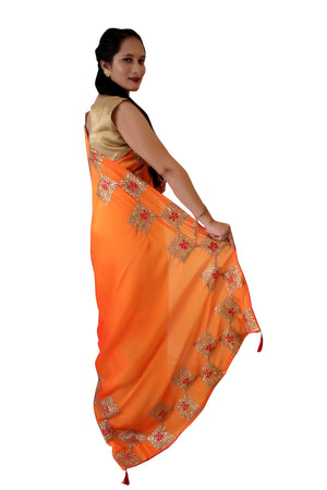 DRAVINAM Trends Women's Stone Work Vichitra Silk Saree with Unstitched Blouse Piece