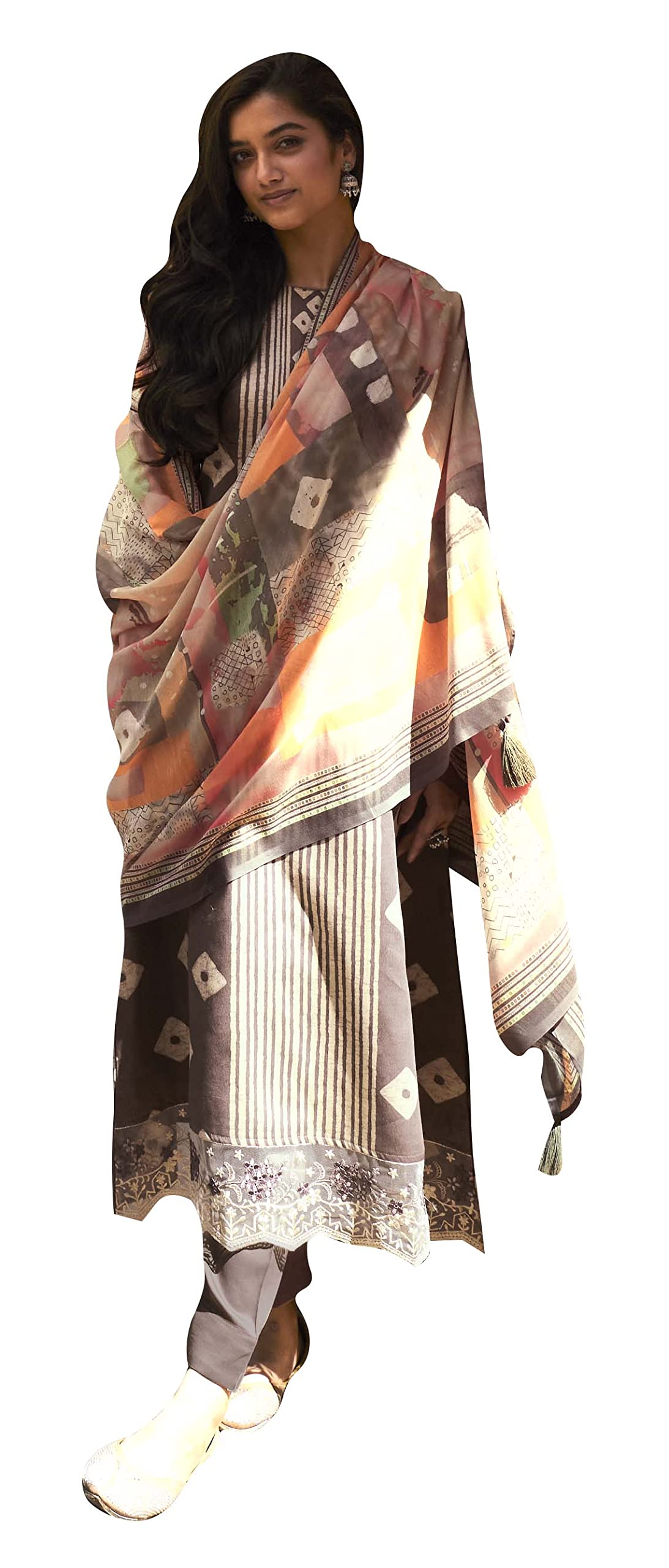 DRAVINAM Trends Women's Embroidered Digital Jaipuri Batik Printed Jam Cotton Unstitch Suit Material with Pure Masline Chunni (Grey)