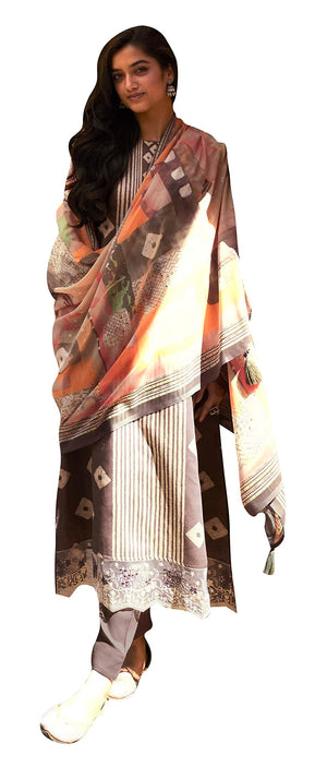 DRAVINAM Trends Women's Embroidered Digital Jaipuri Batik Printed Jam Cotton Unstitch Suit Material with Pure Masline Chunni (Grey)