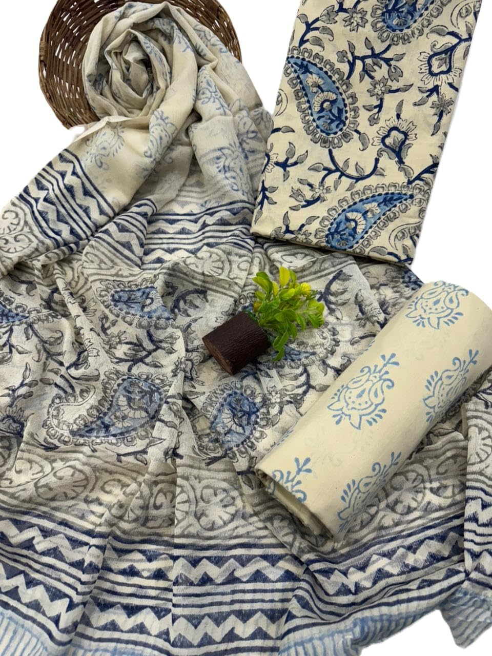 DRAVINAM Trends Hand Block Print Cambric Cotton Unstitched Salwar Suit Set for Women with Pure Chiffon Hand Printed Dupatta