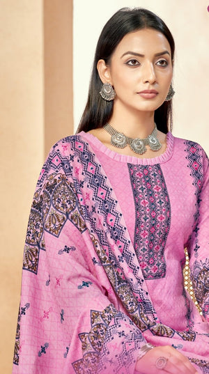 DRAVINAM Trends Women's Border Printed Pashmina Unstitch Winter Wear Salwar Suit Dress Material with Swaroski Work – Comes with Spun Dyed Bottom & Soft Woolen Shawl Dupatta