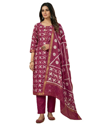Women's Elegant Magenta Maheshwari Block Abstract Batik Printed Unstitched Salwar Suit Dress Material with Shantoon Bottom & Zari Border Dupatta