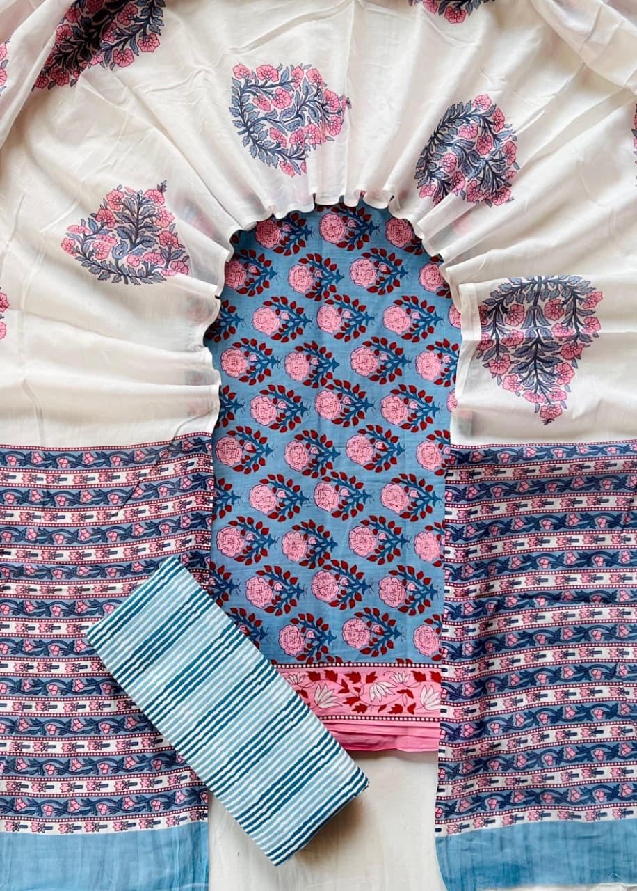 DRAVINAM Trends Hand Block Print Sanganeri Cambric Unstitched Cotton Suit Dress Material for Women with Mulmul Cotton Hand Printed Dupatta