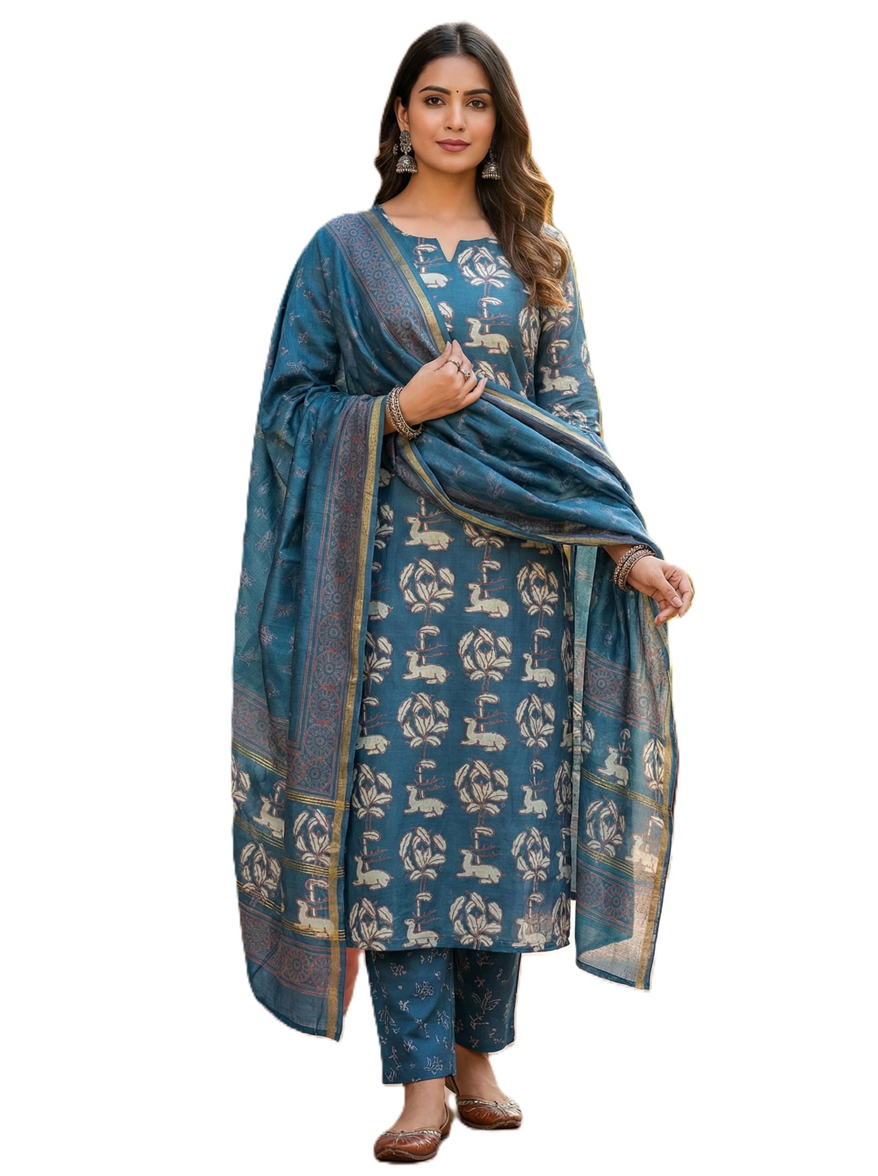 Women's Elegant Maroon Chanderi Block Printed Unstitched Salwar Suit Dress Material with Shantoon Bottom & Zari Border Dupatta