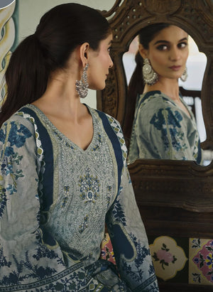 DRAVINAM Trends Women's Stitched Digital Style Print Embroidered Pure Cotton Kurta Pant Suit Set II Solid Pants II Printed Malmal Dupatta (XL / 42)