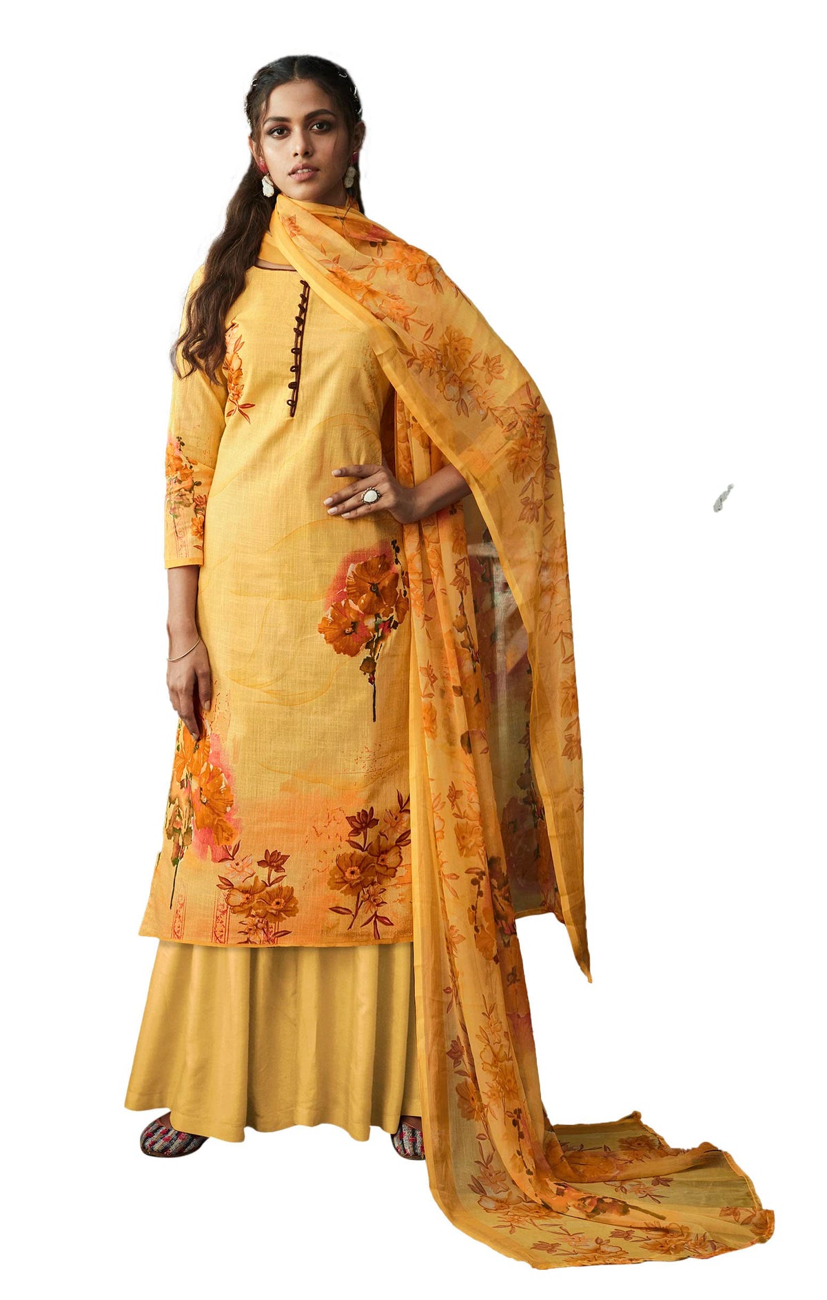DRAVINAM Trends Women's Summer Wear Pure Linen Cotton Digital Printed Unstitched Salwar Suit Dress Material with Pure Nazneen Chiffon Printed Dupatta/Chunni (Peach)