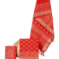 Women's Unstitched Three-piece Fabric Set Dress Material | Maheshwari Top & Dupatta with Zari Border, cotton Bottom | Orangish Red Hand Block Print Salwar Suit Piece