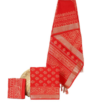 Women's Elegant Red Maheshwari Block Botanical Printed Unstitched Salwar Suit Dress Material with cotton Bottom & Zari Border Dupatta