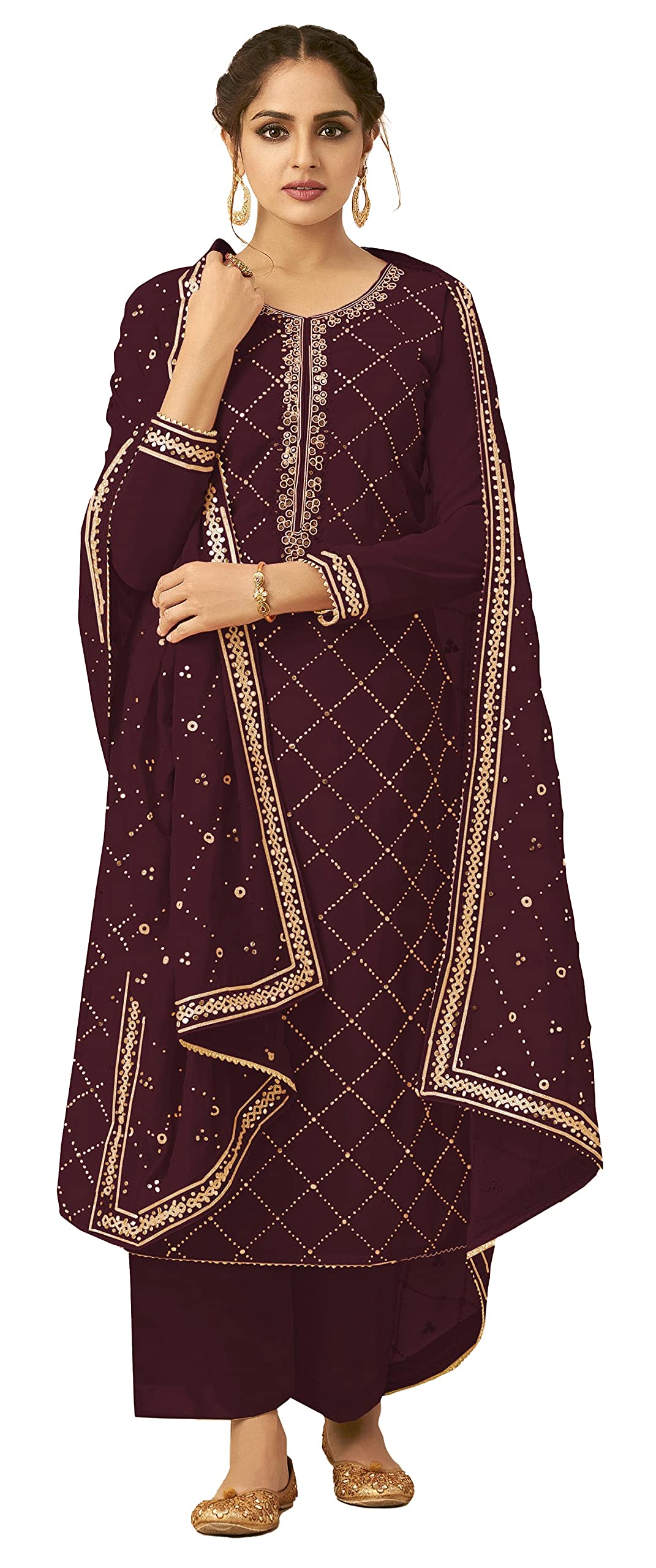 DRAVINAM Trends Women’s Georgette Unstitched Sequence Embroidered Pakistani Salwar Suit FabricDress Material with Zari Embroidery Dupatta (pink)
