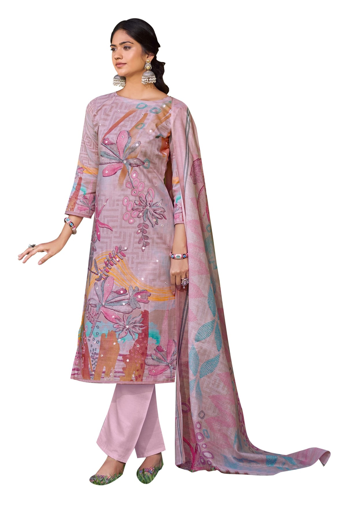 DRAVINAM Trends Women's Unstitched Salwar Suit Dress Material - Cotton Digital Printed Organza Embroidered Kameez II Unstitch Bottoms II Cotton Dupatta