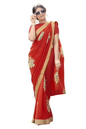 DRAVINAM Trends Women's Pure georgette Bandhani Print saree with Lace Borders and Solid Blouse Piece (Black)