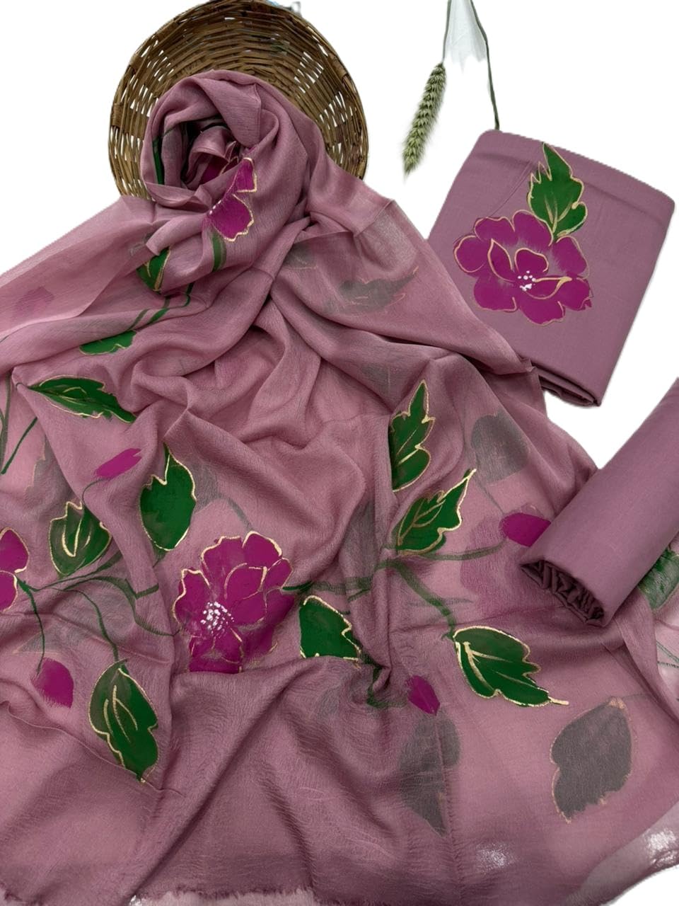 DRAVINAM Trends Hand Block Print Cambric Cotton Unstitched Salwar Suit Set for Women with Pure Chiffon Hand Printed Dupatta