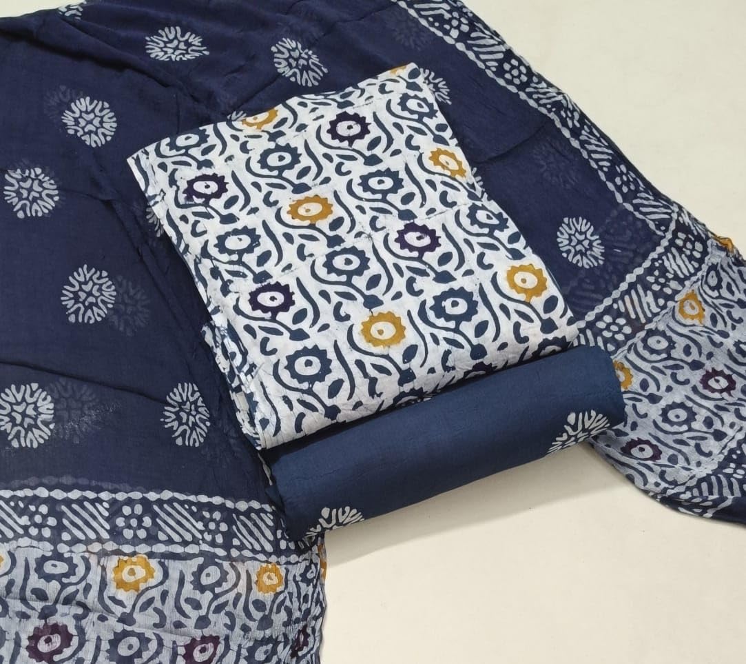 DRAVINAM Trends Unstitched Jaipuri Handmade Wax Batik Print Premium Cotton Dress Material with Pure Chiffon Dupatta