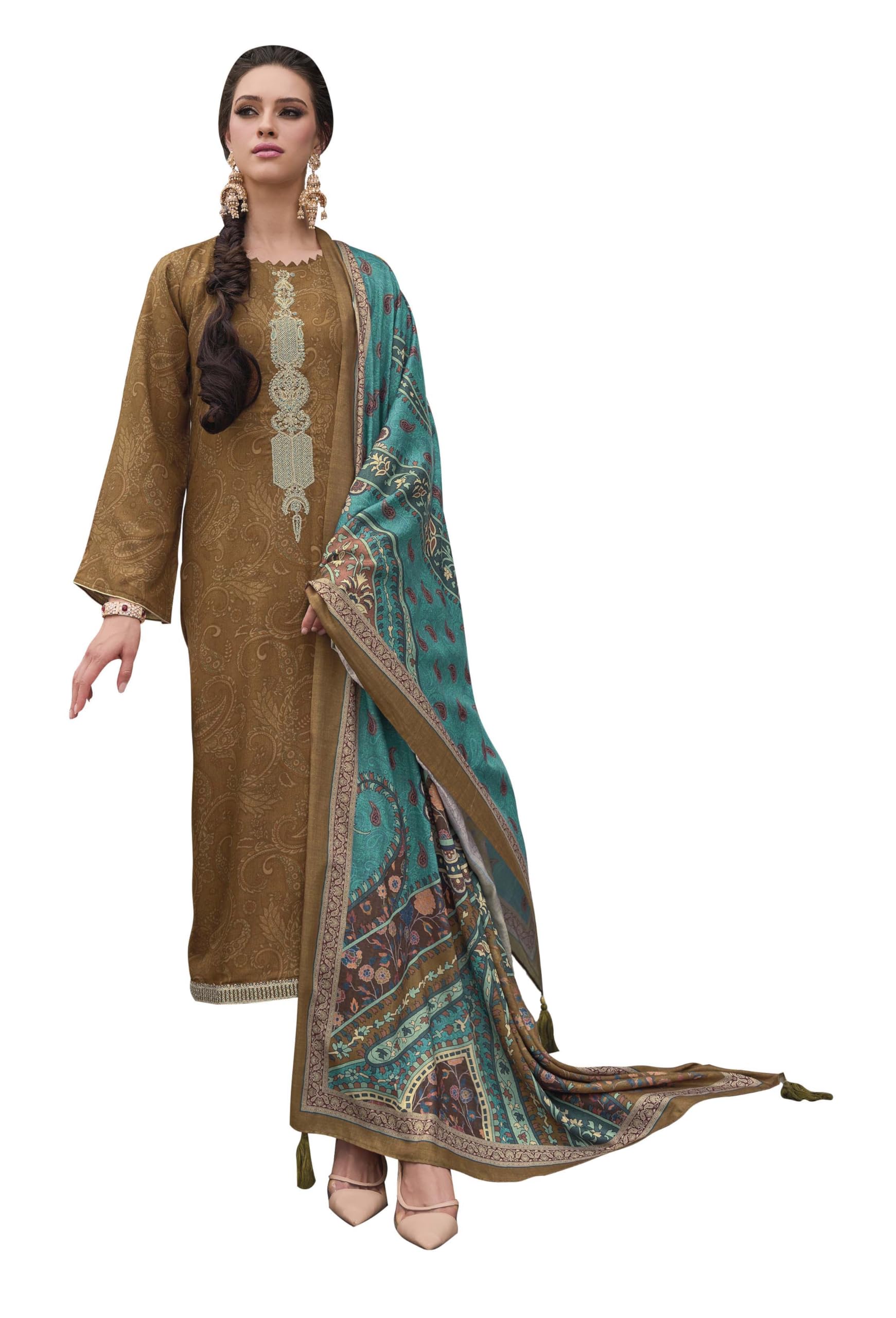 DRAVINAM Trends Women's Digital printed Hand Work Embroidered Warm Pure Viscous Pashmina Salwar suit Dress Material with Pure Pashmina Shawl Dupatta