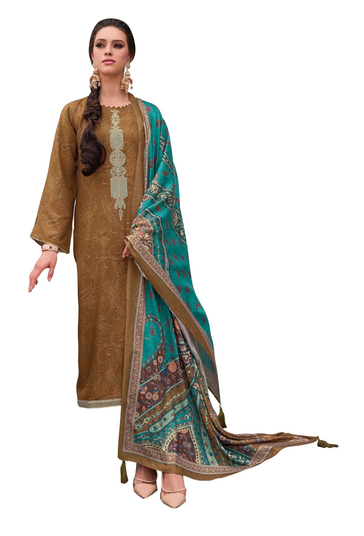 DRAVINAM Trends Women's Digital printed Zari Embroidered Pure Woolen Pashmina Unstitched Salwar suit Dress Material with Pure Pashmina Shawl Dupatta